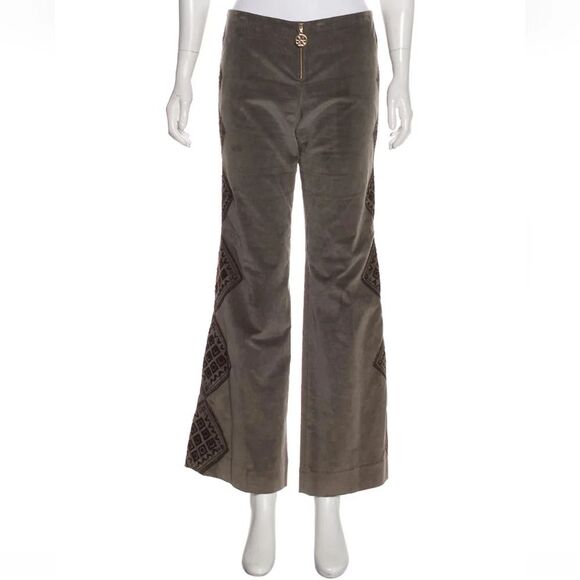 TORY BURCH Soft Velour Pants Embroidered Wide Leg Zipper Logo Army Green Medium - Picture 1 of 11